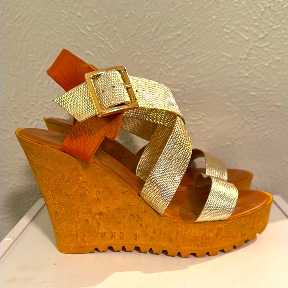 Italian Shoemakers Silver and Tan Wedge Sandals with Cork Heel